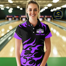Load image into Gallery viewer, Black and Purple Flame Bowling shirts for Women Custom team bowling jerseys, ladies bowling apparel NQS10269