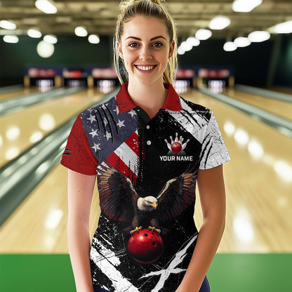 US Flag Eagle Custom Name Bowling Team Shirts For Women Bowling League Polo & 1/4 Zip Shirt HNT06