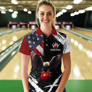 US Flag Eagle Custom Name Bowling Team Shirts For Women Bowling League Polo & 1/4 Zip Shirt HNT06