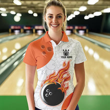 Load image into Gallery viewer, Woman wearing custom orange and white with flames design bowling polo shirt, front view mockup with your name design.