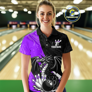Custom Purple Dragon Bowling Women Shirts Bowling Uniform Polo & 1/4 Zip Bowling Team Jerseys HNT103