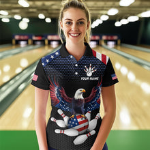 Load image into Gallery viewer, Woman wearing custom american flag with eagle bowling polo shirt, front view mockup, personalized bowling league jersey.