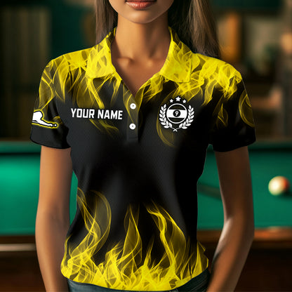 Personalized Yellow Flaming Billiard Jerseys 9 Ball Pool Billiard Shirts for Women Team Polo & 1/4 Zip Shirt NNT32