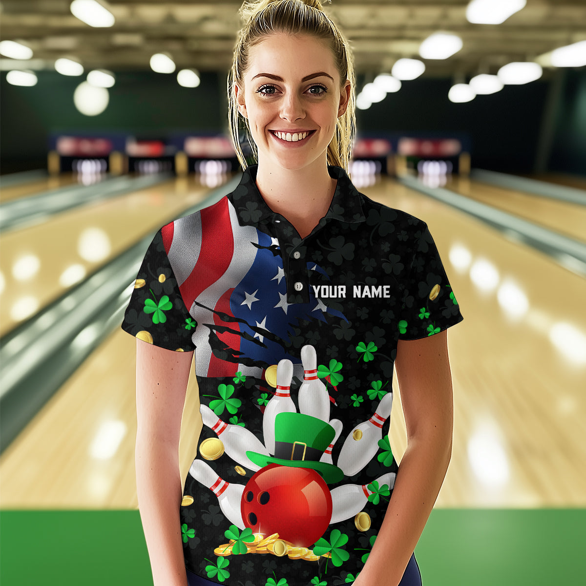Personalized US Flag St Patrick Day Funny Bowling Shirt Women Team Polo & 1/4 Zip Shirts HNT12