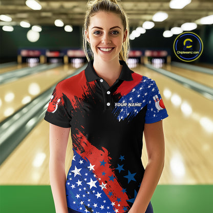 American Flag Bowling Shirt Personalized Patriotic Polo Bowling Team League Gift for Bowlers QZT691