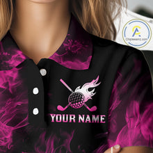 Load image into Gallery viewer, Black and Pink Flame Golf Ball Women Golf polo shirts custom name golf outfit for ladies golf clothes NQS9869