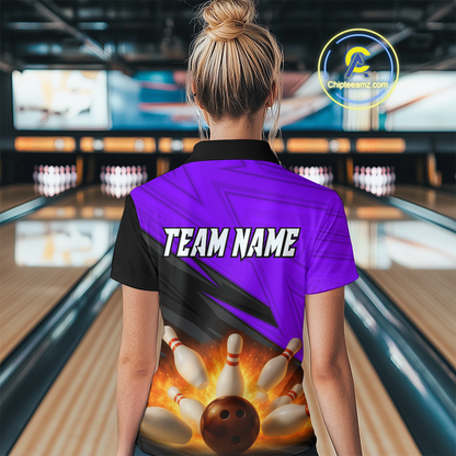 Custom Flaming Purple Bowling Shirts for Women Men Team Bowling Polo & Quarter Zip MBL99