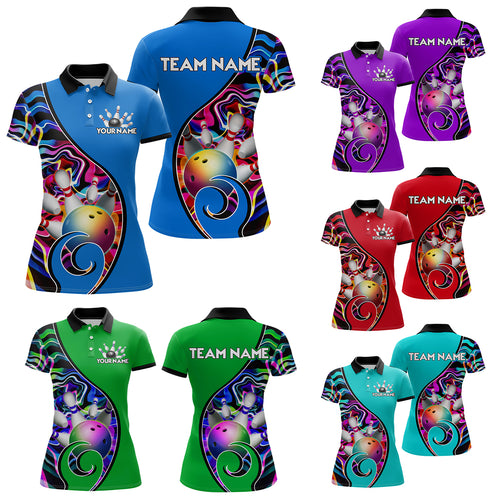 Custom Bowling Team Polo Shirts for Women - Personalized Abstract Colors Bowling Jersey YYD0080
