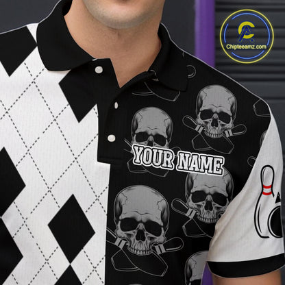 Black & White Bowling Shirt Custom Skull Polo Bowling Jersey Gift for Bowlers QZT693
