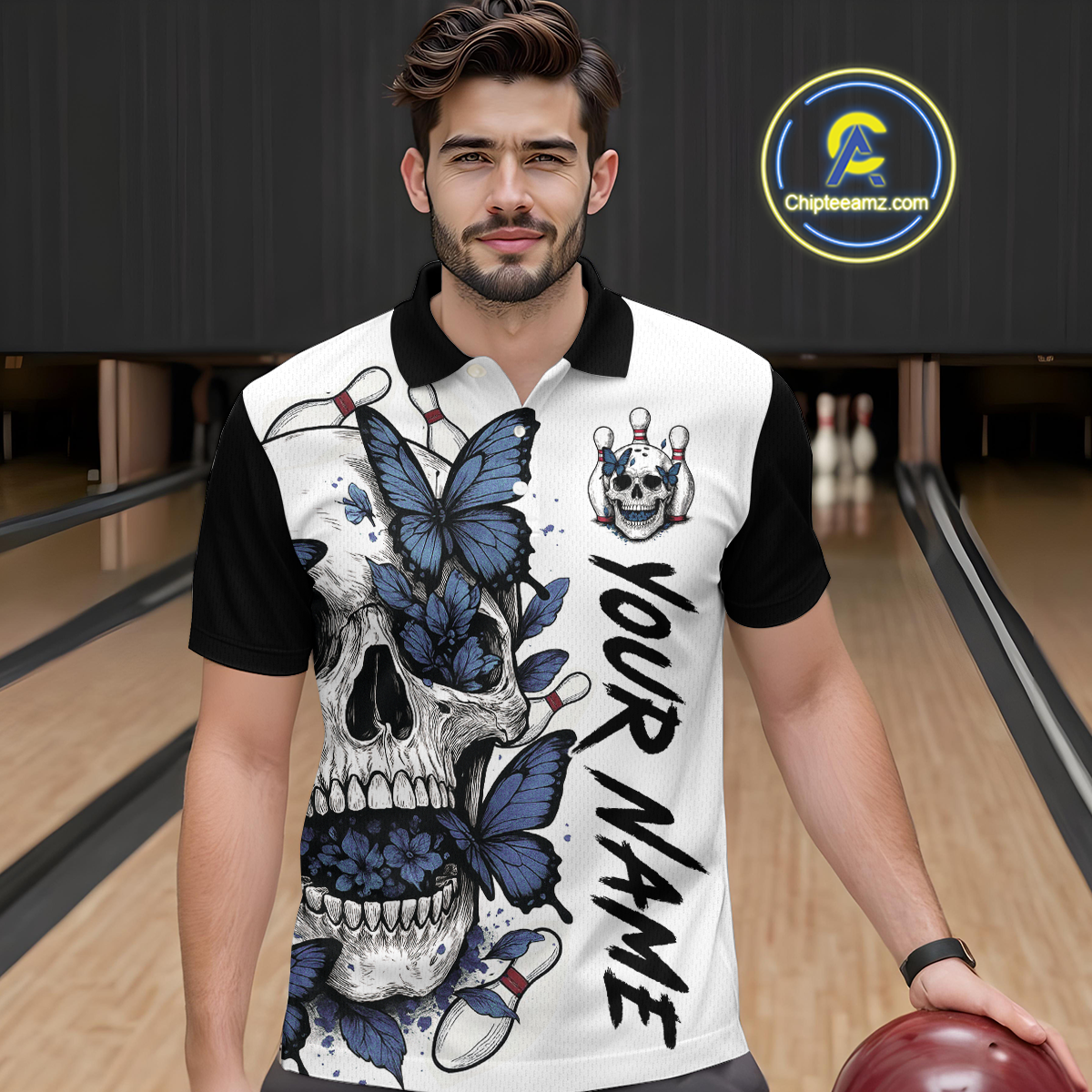 Blue Butterfly Skull Bowling Men Bowling Shirt Polo & Quarter-Zip Bowling Team Jerseys HNT80