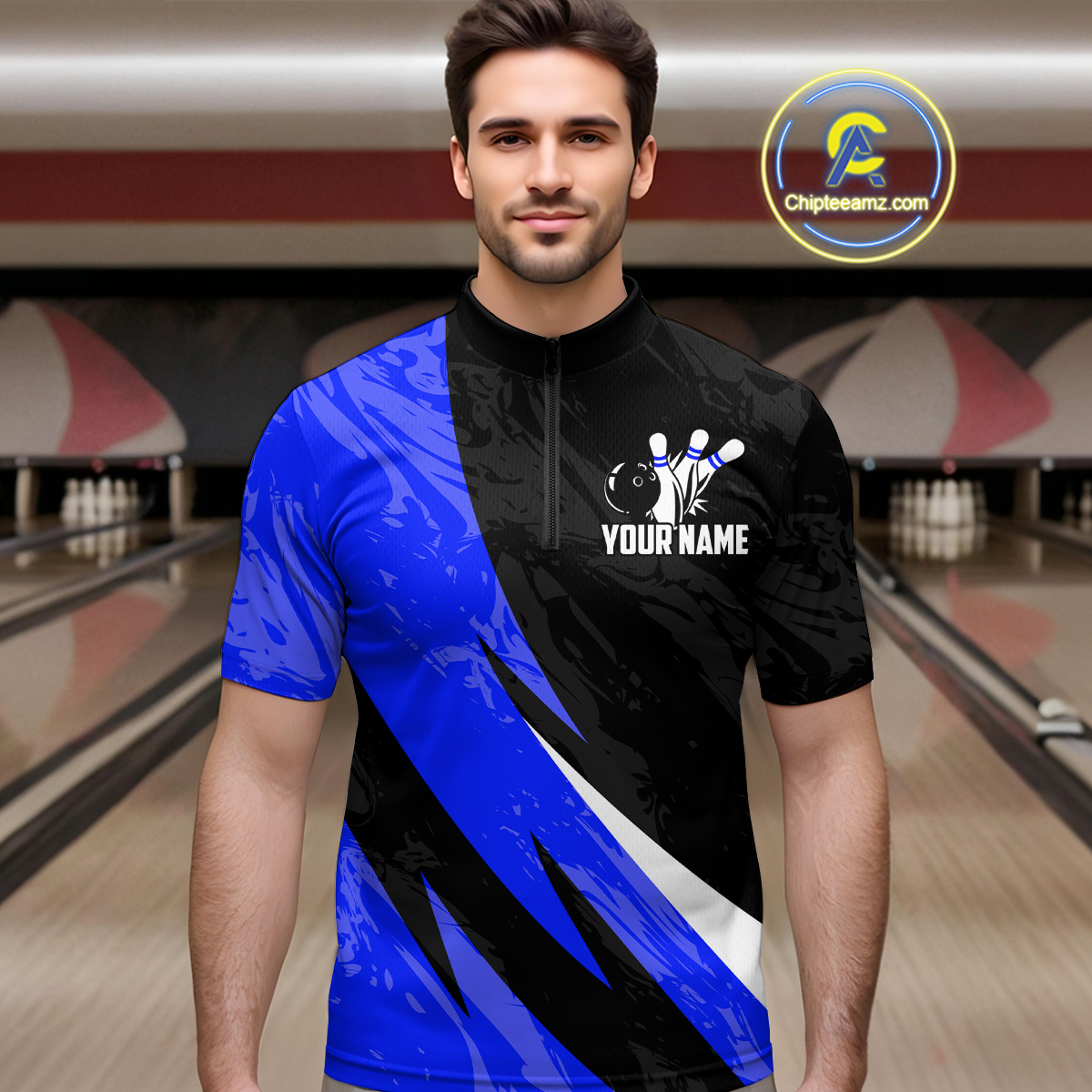 Custom Blue Bowling Custom Men Bowling Shirt Polo & Quarter-Zip Bowling Team Jerseys HNT75