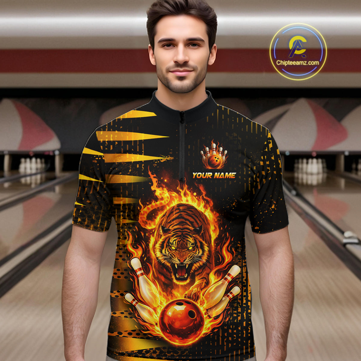 Custom Flame Tiger Bowling Team Jersey Bowling Shirt for Men Bowling League Polo & 1/4 Zip HNT201