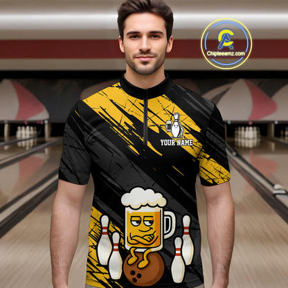 Custom Funny Beer Bowling Jersey for Men Bowling Uniform Polo & 1/4 Zip Bowling Team Shirts HNT107