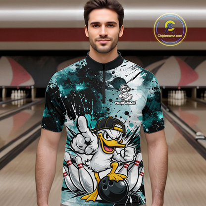 Custom Teal Funny Duck Bowling Jersey for Men Bowling Uniform Polo & 1/4 Zip Bowling Team Shirts HNT237