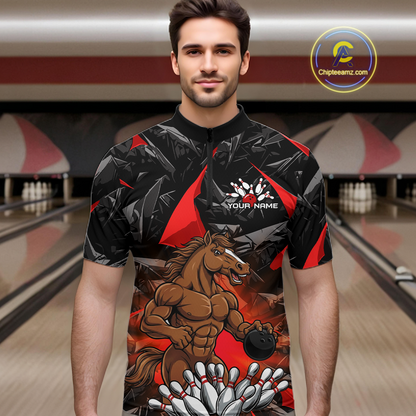 Custom Red Funny Horse Bowling Jersey for Men Bowling Team Shirts Bowling League Polo & 1/4 Zip HNT183