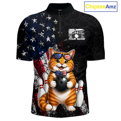 Men quarter zip with a cat bowling design on an American flag background, featuring the brand 'Chiptee Amz'.