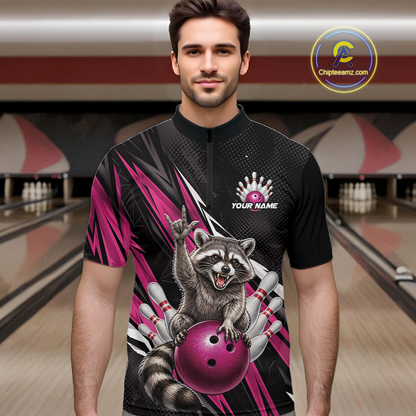 Custom Pink Raccoon Bowling Jersey for Men Bowling Team Shirts Bowling Polo & 1/4 Zip HNT254