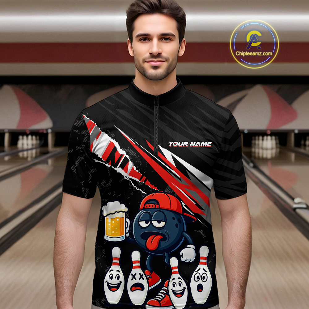Custom Red Beer Bowling Jersey for Men Bowling Team Shirts Bowling Uniform Polo & 1/4 Zip HNT133