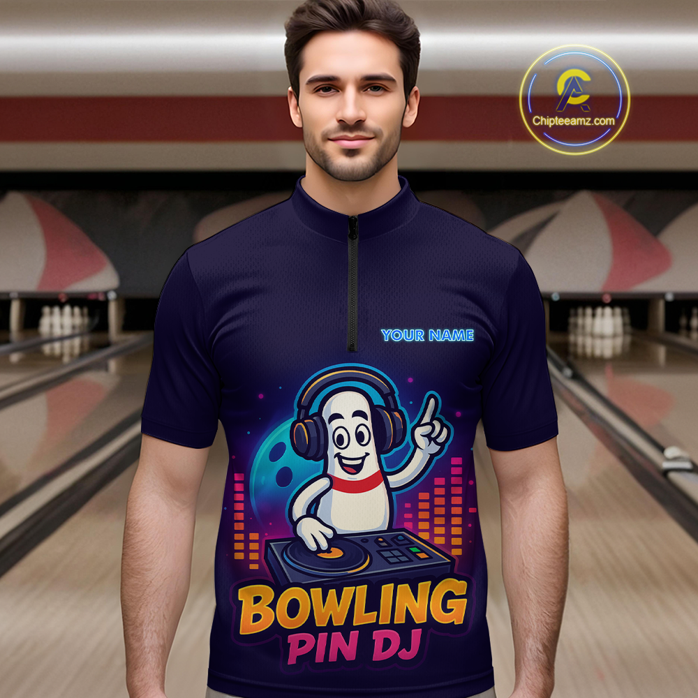 Funny Bowling Pins Music Shirt Custom Neon Bowling Jersey for Men Polo & 1/4 Zip Bowling Gift QZT790