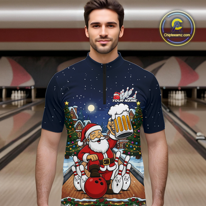 Custom Funny Beer Santa Christmas Bowling Jersey for Men Bowling Team Shirts Polo & 1/4 Zip HNT140