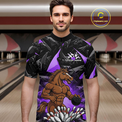 Custom Purple Funny Horse Bowling Jersey for Men Bowling Team Shirts Bowling League Polo & 1/4 Zip HNT183