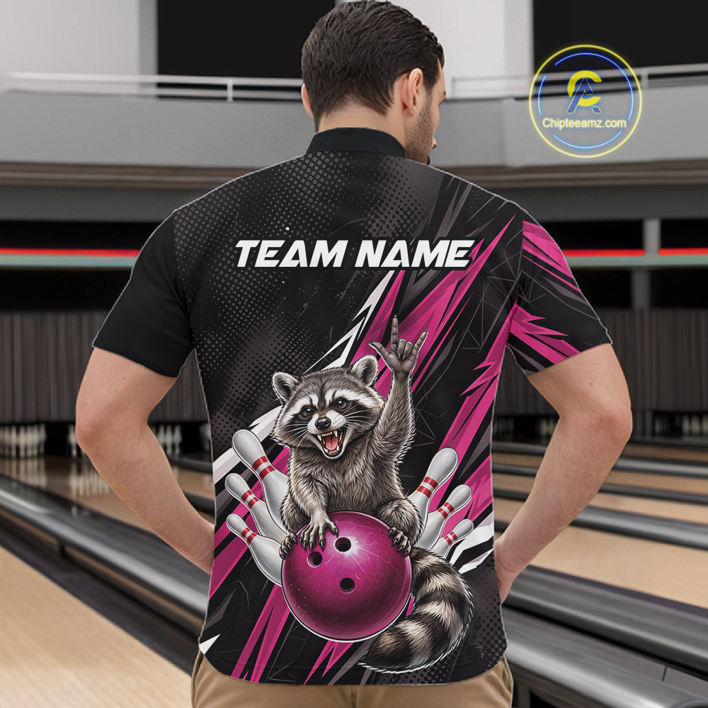 Custom Pink Raccoon Bowling Jersey for Men Bowling Team Shirts Bowling Polo & 1/4 Zip HNT254