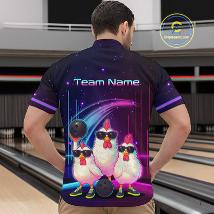 Neon Funny Family of Three Chicken Bowling Team Shirt for Men Bowling League Jersey QZT761