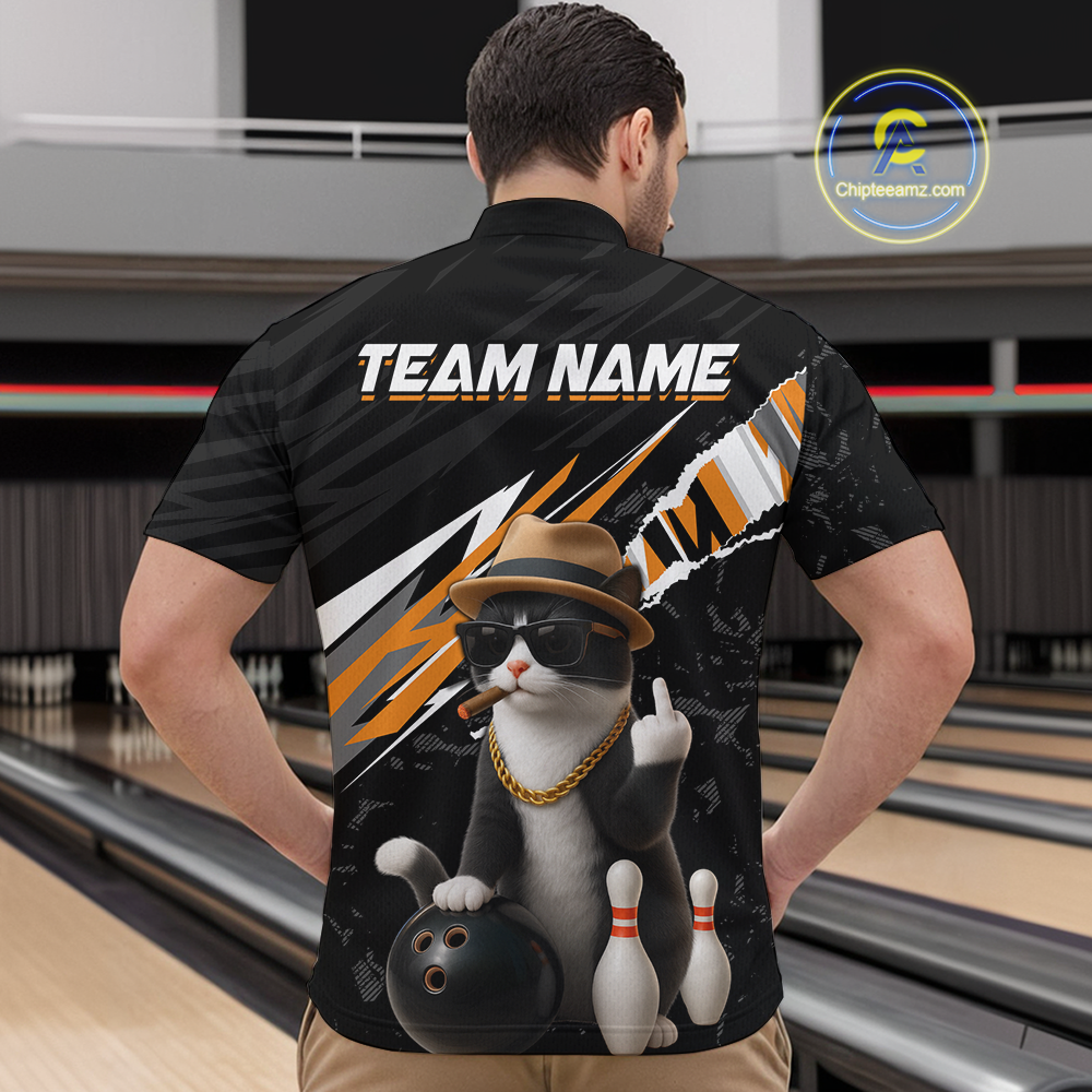 Custom Orange Funny Cat Bowling Jersey for Men Bowling Shirt Polo & 1/4 Zip Bowling Team Shirts HNT136