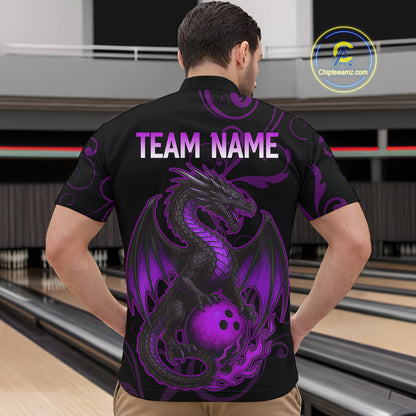 Black And Purple Flame Custom Dragon Bowling Team Shirts For Men, Bowling Uniform Outfit NQS9963