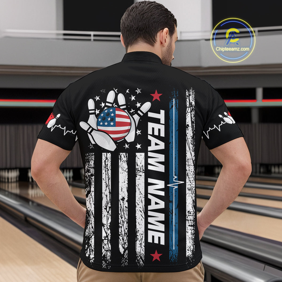 American Flag Bowling Custom Men Bowling Shirt Polo & Quarter-Zip Bowling Team Jerseys HNT54