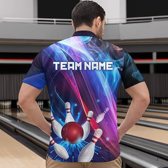 Personalized Galaxy Bowling Pins and Ball Shirt Blue & Purple Neon 1/4-Zip Bowling Team League QZT664