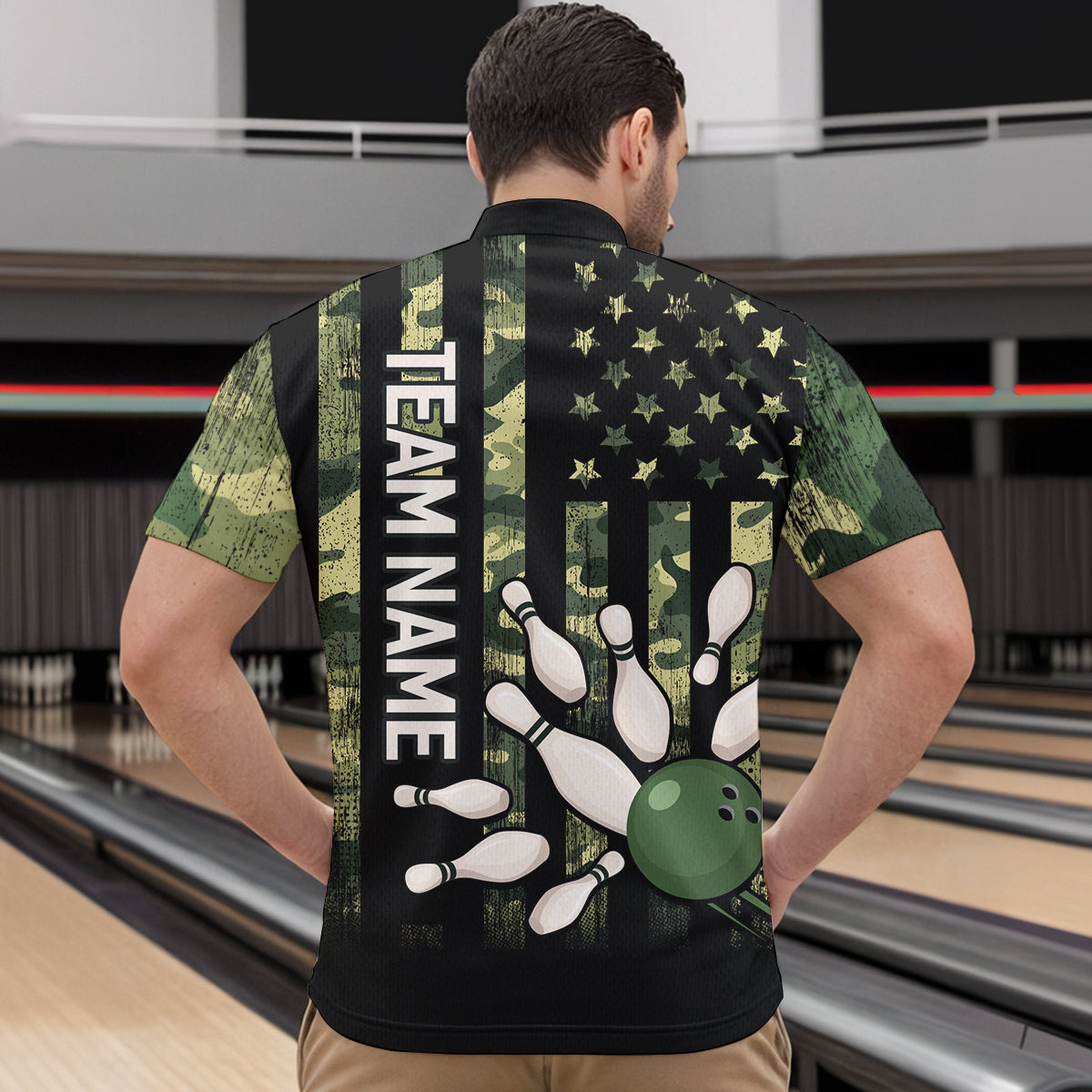 Personalized Camouflage Bowling Shirt American Flag Quarter-Zip Bowling Team Jersey QZT678