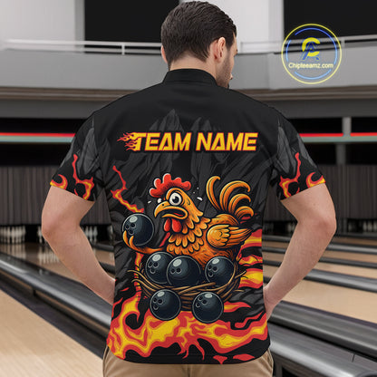 Personalized Chicken Bowling Shirt Orange Flame Bowling for Men Team League Polo & Quarter-Zip QZT706
