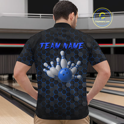 Custom Strike Blue Bowling Men Bowling Shirt Polo & Quarter-Zip Bowling Team Jerseys HNT79