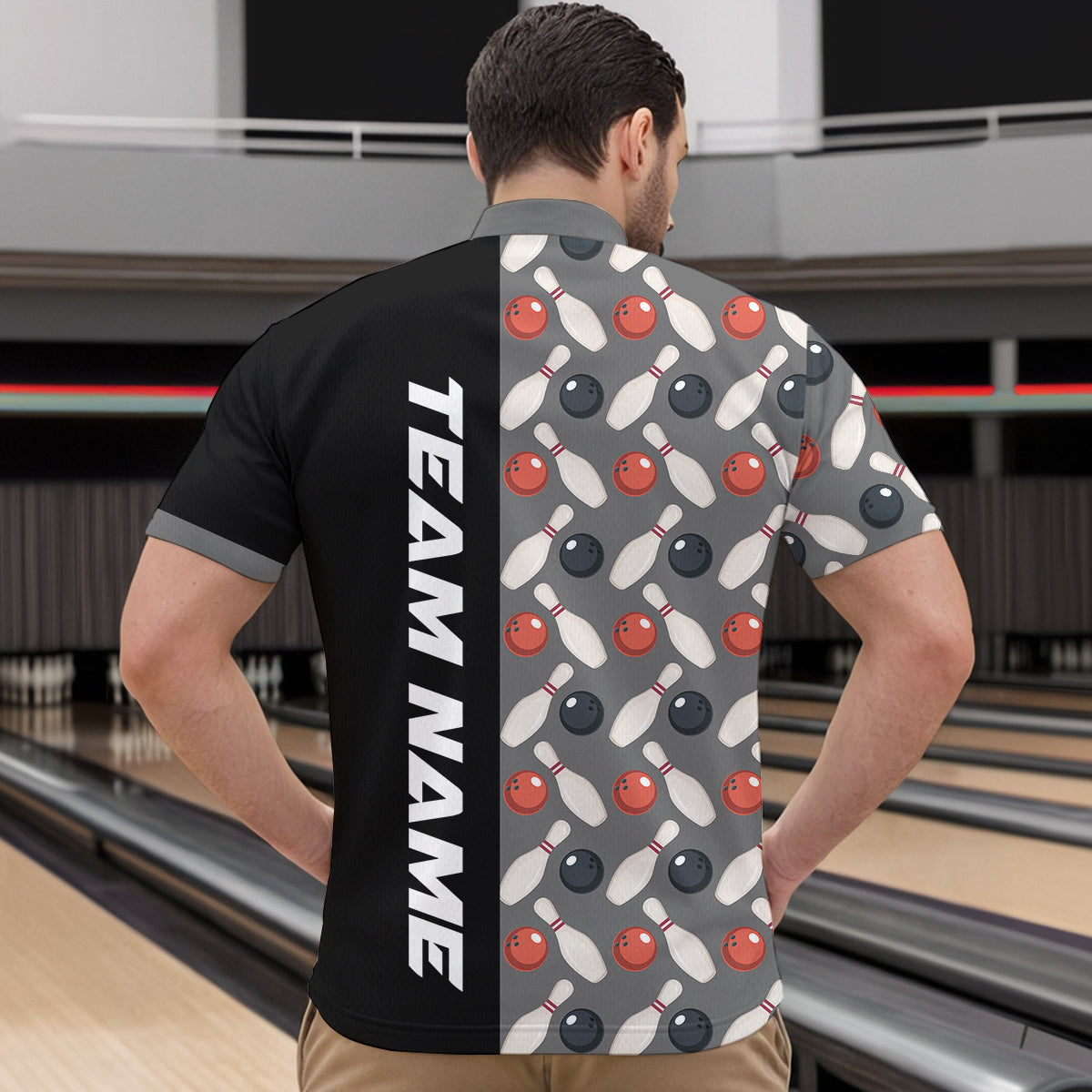 Dark Grey Bowling Pattern Custom Men Bowling Polo & Quarter-Zip Shirts Bowling Team Jerseys HNT45