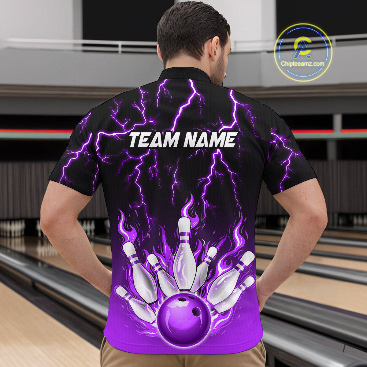 Purple Thunder Bowling Custom Men Bowling Shirt Polo & Quarter-Zip Bowling Team Shirts HNT71