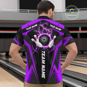 Black Men bowling Polo, 1/4 Zip shirt Custom lightning thunder team league bowling jersey | Purple NQS10375