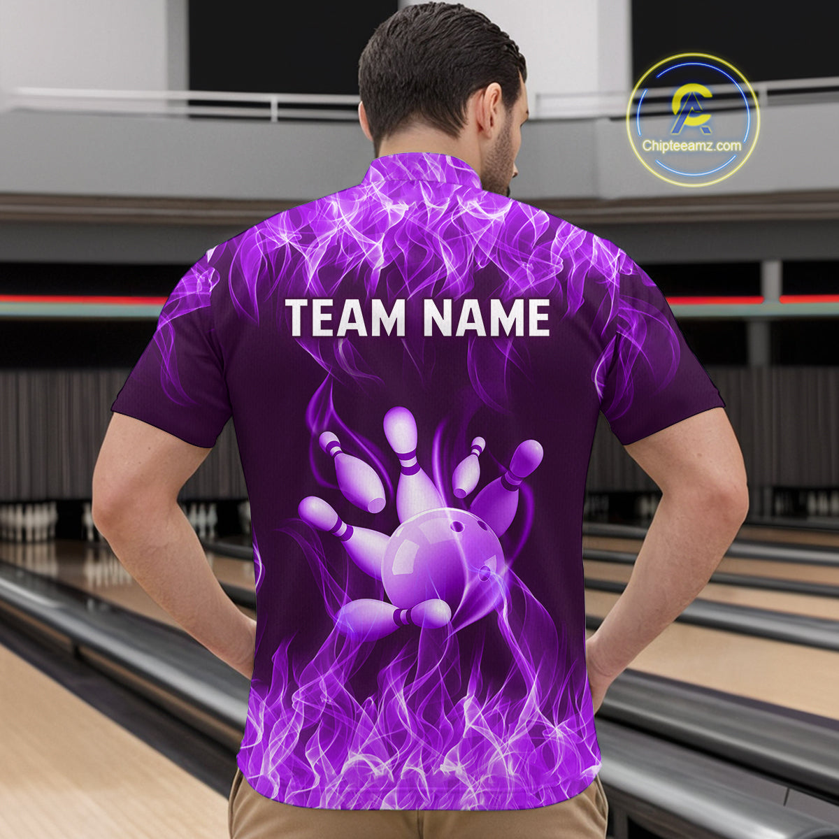 Custom Purple Flame Bowling Jersey for Men Bowling Uniform Polo & 1/4 Zip Bowling Team Shirts HNT106