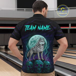 Teal And Purple Wolf & Skull Bowling Team Shirt for Men Custom Bowling League Jersey Bowling Unisex QZT750