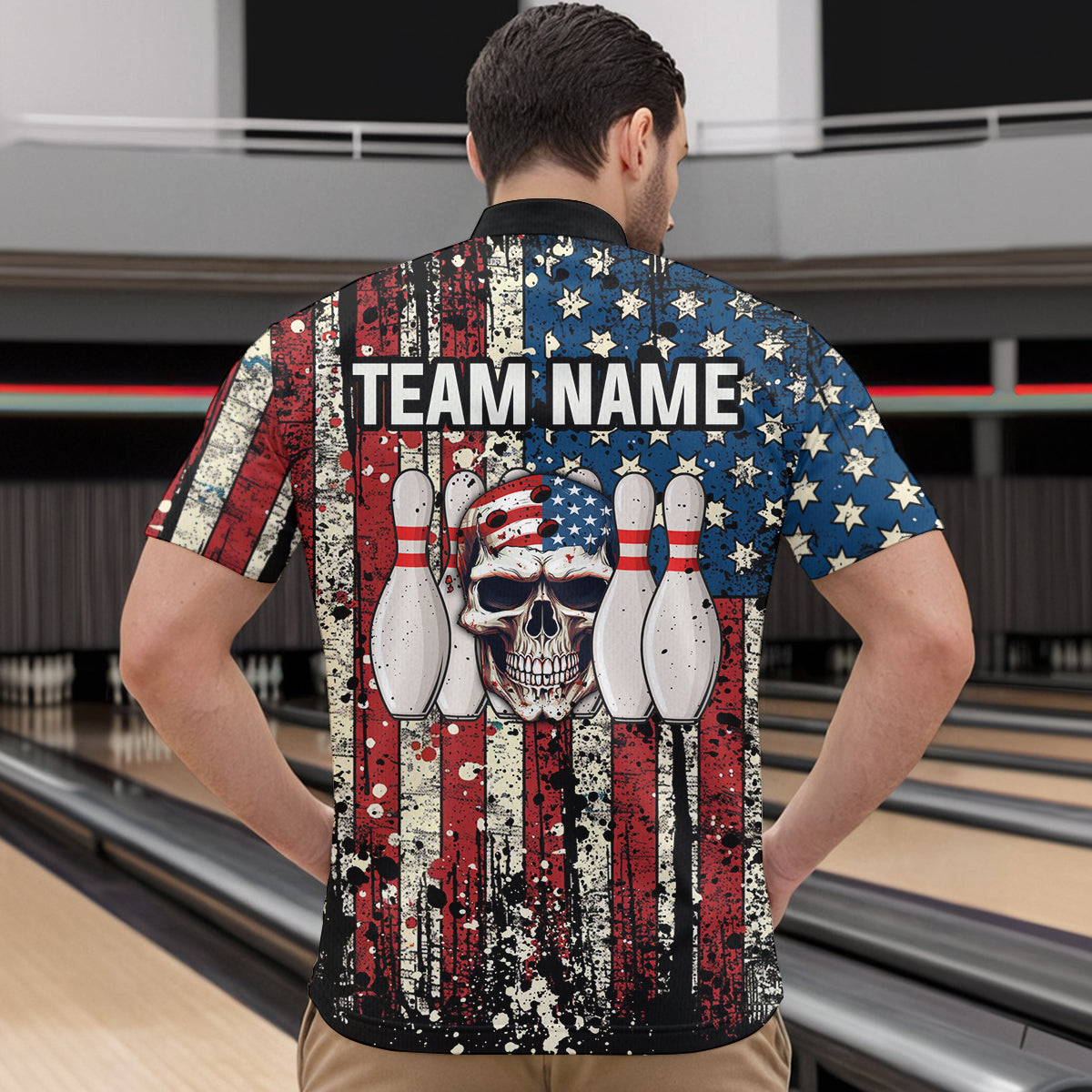 Skull US Flag Bowling Custom Men Bowling Shirt Polo & Quarter-Zip Bowling Team Jerseys HNT58