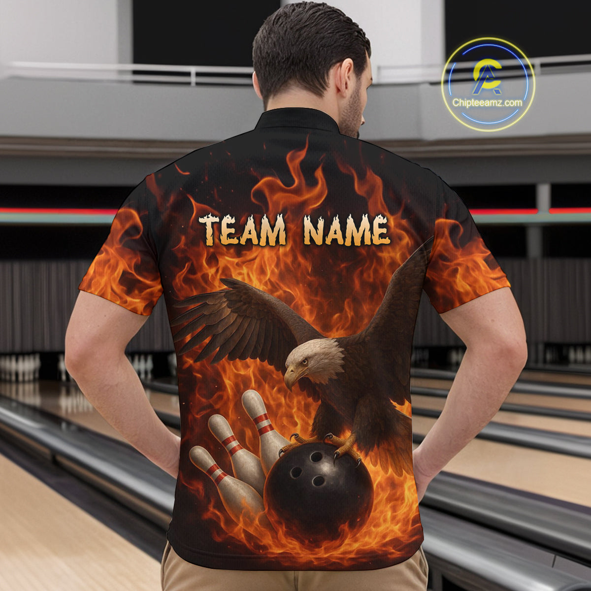 Flame Eagle Bowling Polo, Quarter Zip Shirts For Men Custom Eagle Bowling Team Jerseys NQS9972