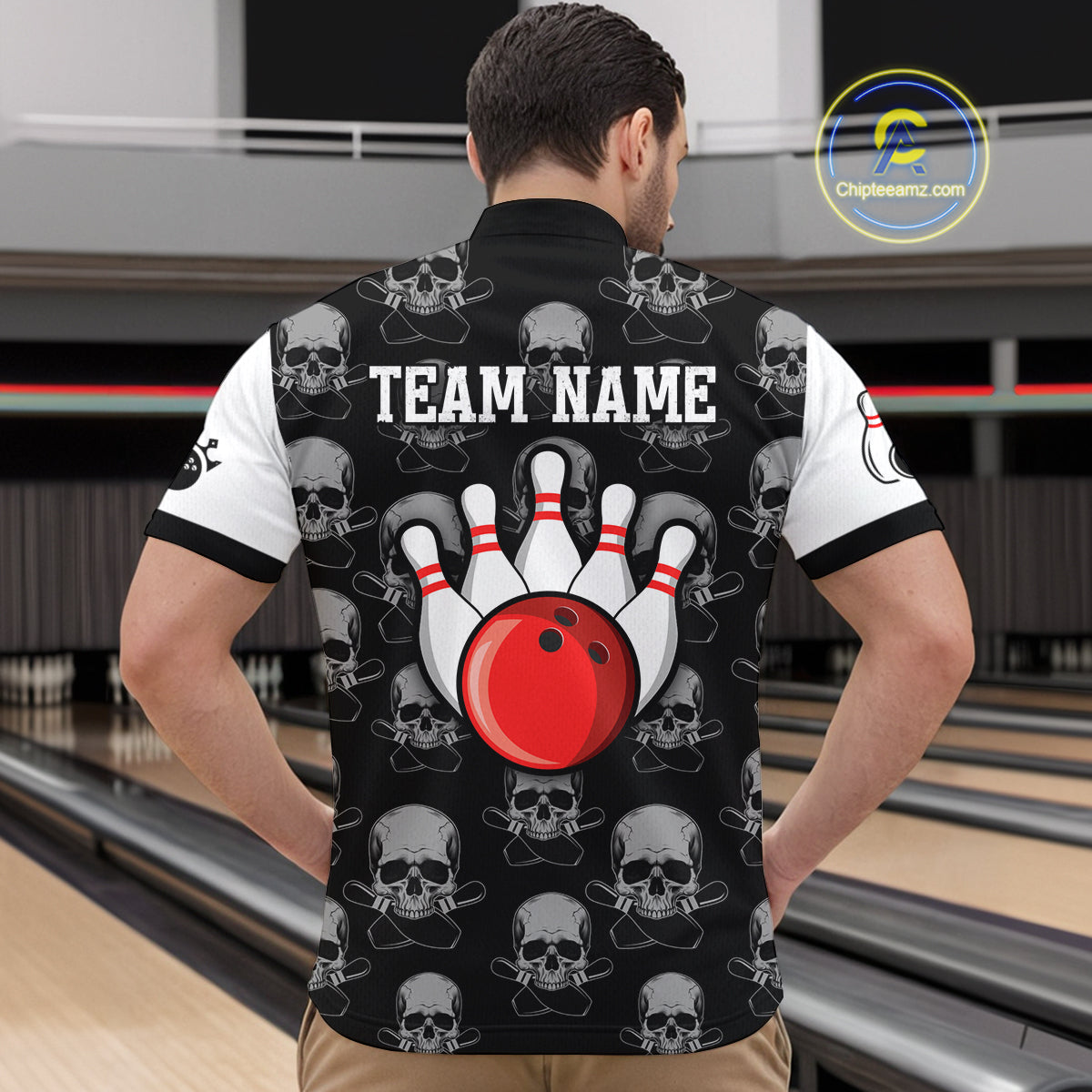Black & White Bowling Shirt Custom Skull Quarter-Zip Bowling Jersey Gift for Bowlers QZT693