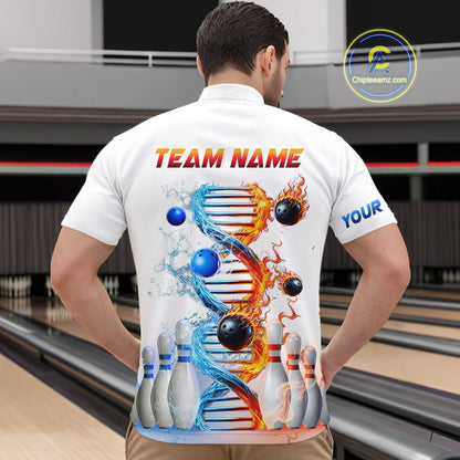 Man wearing custom ice and fire DNA bowling quatter-zip shirt, back view mockup, personalized bowling league jersey.