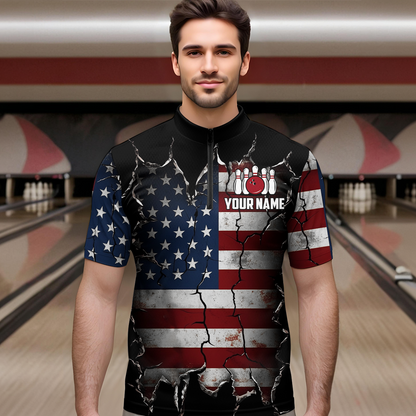 Custom US Flag Bowling Jersey for Men Bowling Team Shirts Bowling Uniform Polo & 1/4 Zip HNT161