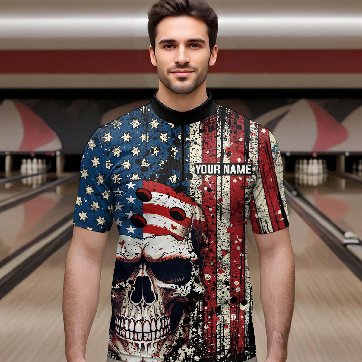Skull US Flag Bowling Custom Men Bowling Shirt Polo & Quarter-Zip Bowling Team Jerseys HNT58