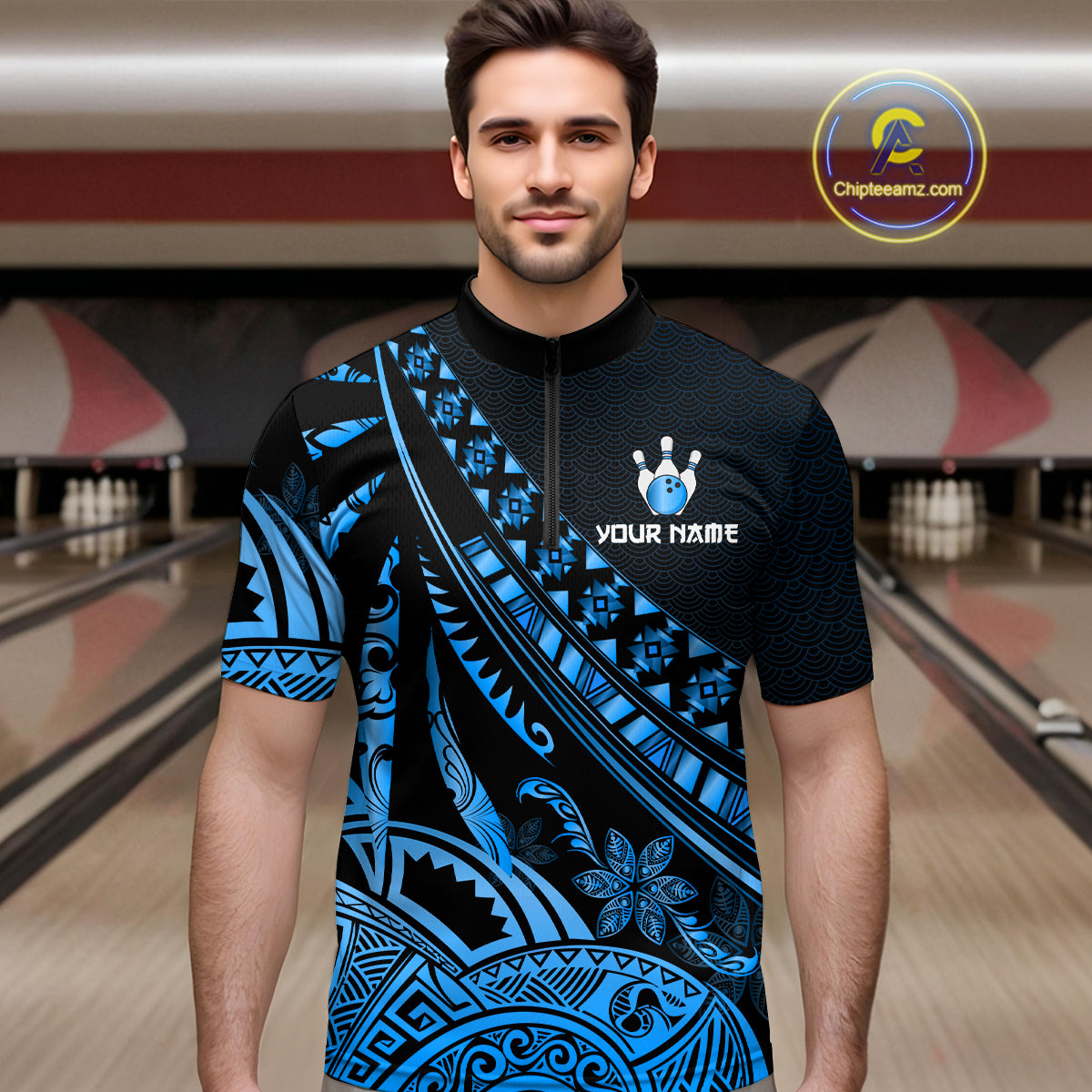 Blue Vintage Bowling Custom Men Bowling Shirt Polo & Quarter-Zip Bowling Team Jerseys HNT69