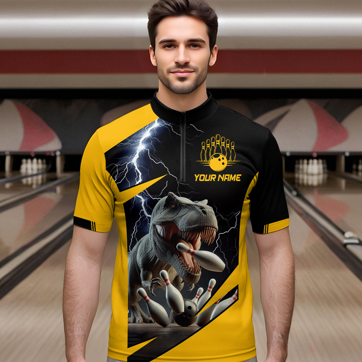 Yellow & Black Thunder Bowling Shirts Custom Bowling Quarter-Zip Jersey for Men Women QZT669