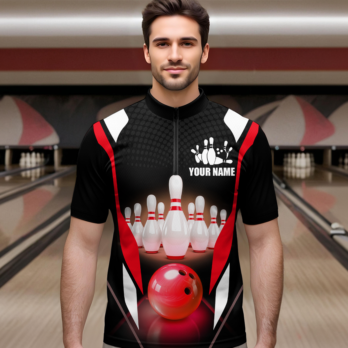 Red Bowling Shirt for Men and Women Bowling Jersey with Team Bowling Polo & 1/4 Zip MBL42