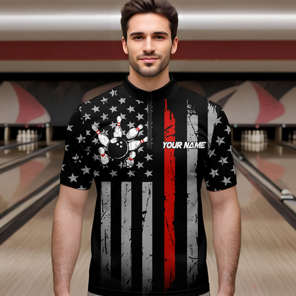 US Red Flag Bowling Shirt for Men Custom Name Polo & Quarter-Zip Bowling Jersey Bowling Team Shirt HNT23