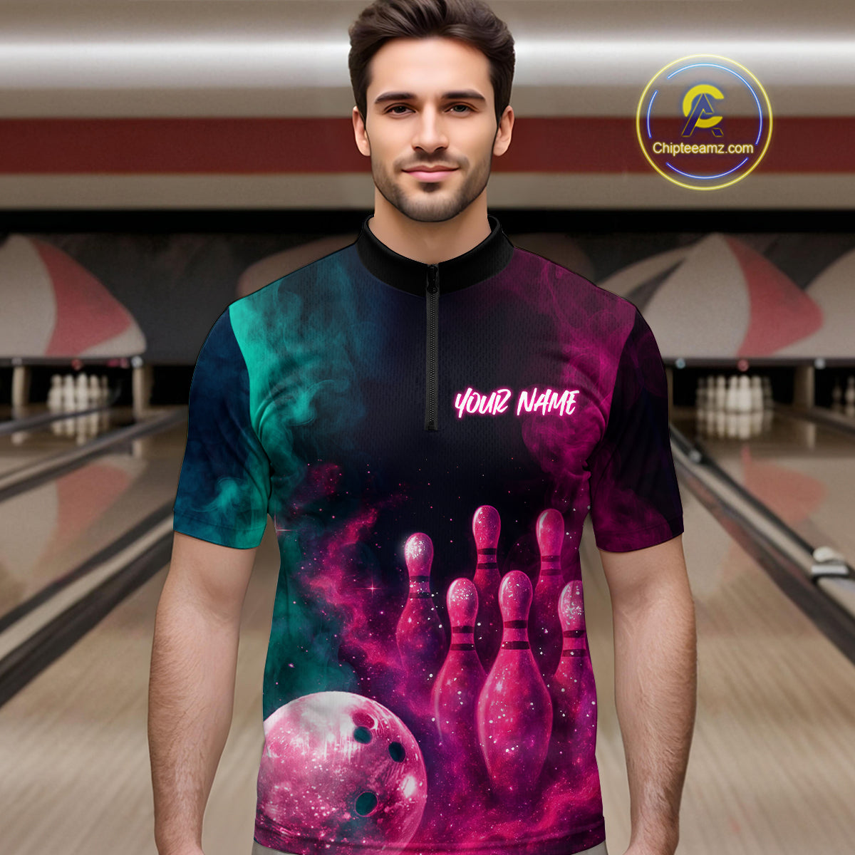 Green and Pink Smoke Bowling Shirts for Women Men Team Bowling Polo & Quarter Zip MBL129